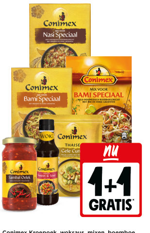 Conimex Kroepoek, woksaus, mixen, boemboe, sambal en curry